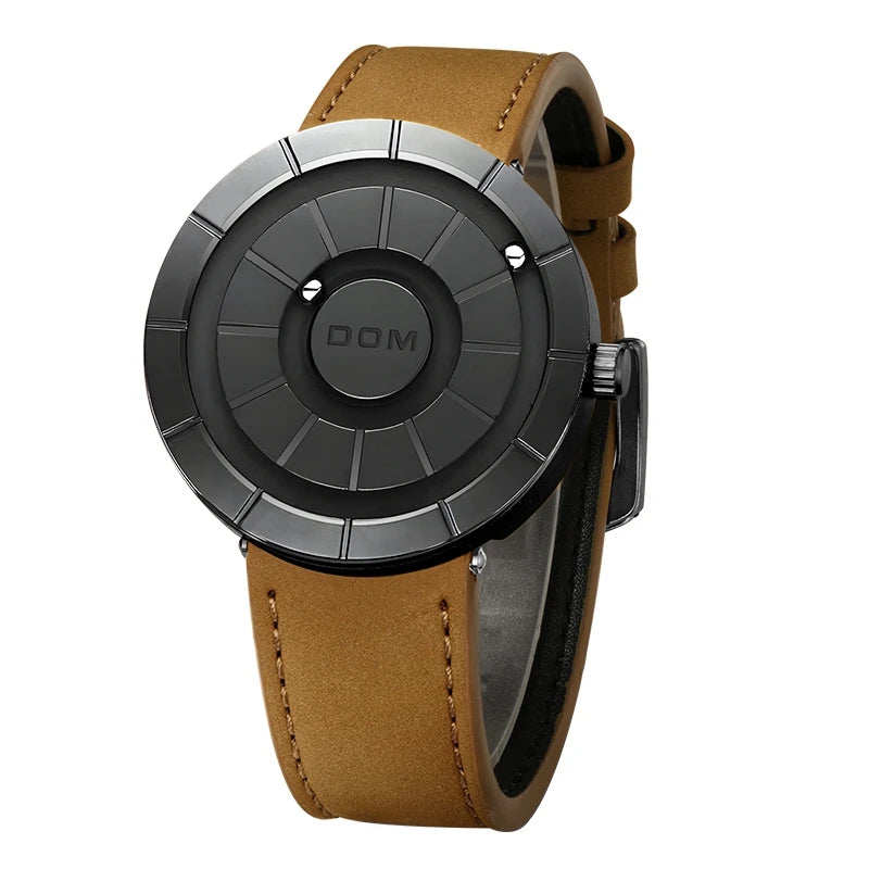 DOM 1753 Kreative Designuhren Herren Magnetuhren 3D PVD Quarzuhr Wasserdichte Uhren Lederarmband Schwarz Gold Zifferblatt