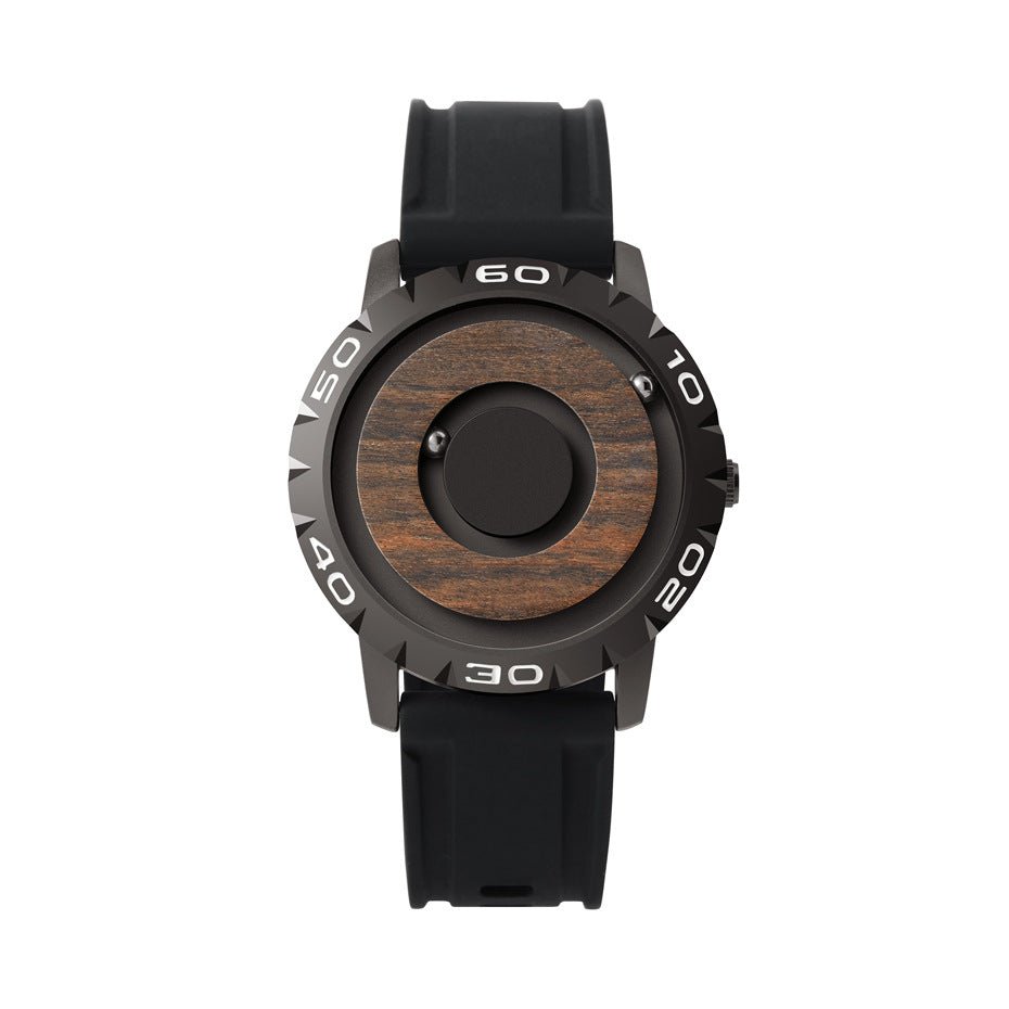 Wooden magnetic ball watch showing natural wood grain and eco-friendly design