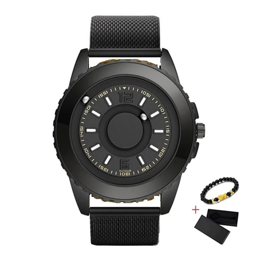 EUTOUR Black Clock Magnetic Ball Pointer Quartz Watch Men Water resistant Wrist Watch Nylon Strap Mens Watches Top Brand Luxury 2019