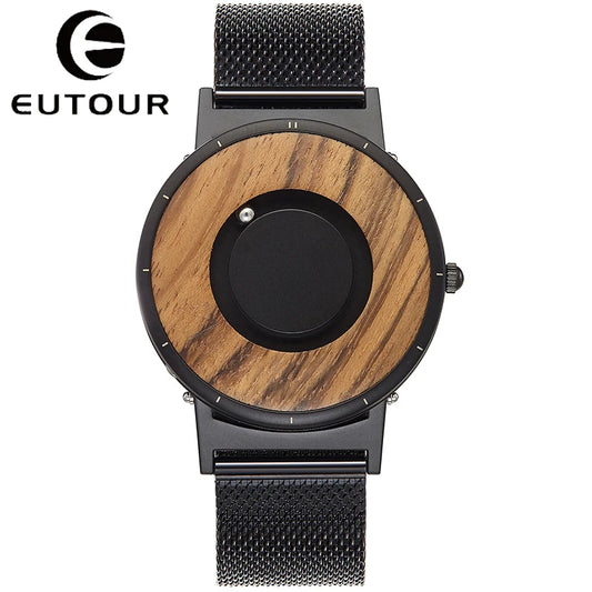 EUTOUR Houten Horloge Kwarts Heren Horloges Magnetische Magneet Metalen Kralen Bal Heren Houten Wijzerplaat Zwarte Man TODO Creatieve Heren Reloj Saat