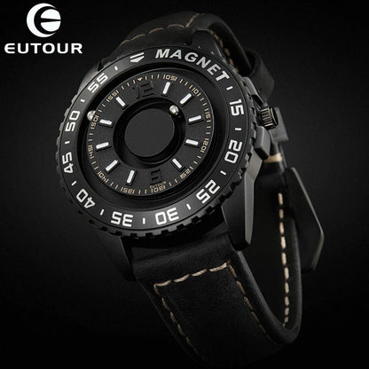 EUTOUR Magnetic Ball Watch – Black & Brown Multifunction – dial close-up