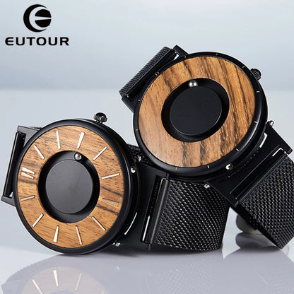 EUTOUR Wooden Magnetic Ball Watch – Natural Wood Face & Steel Beads – dial close-up