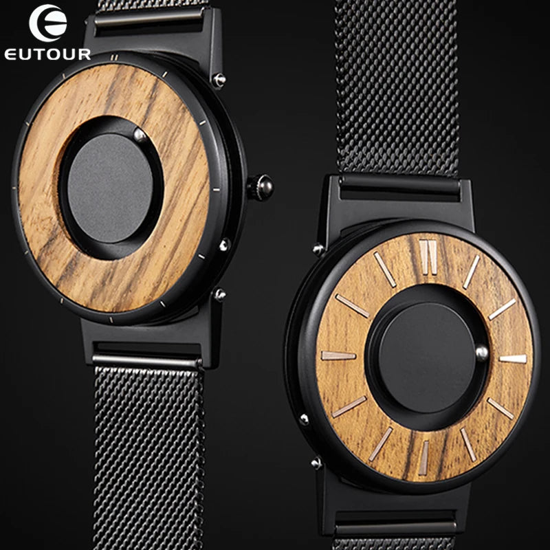 EUTOUR Jam Tangan Pria Quartz Jam Tangan Kayu Magnetik Magnet Ball Drive Pria Dial Kayu Mesh Stainless Steel Kulit Jam Tangan Pria