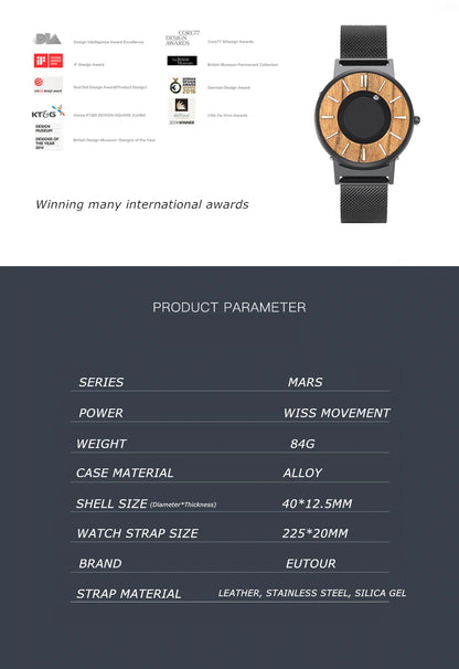 EUTOUR Wooden Magnetic Ball Watch – Natural Wood Face & Steel Beads – detail view