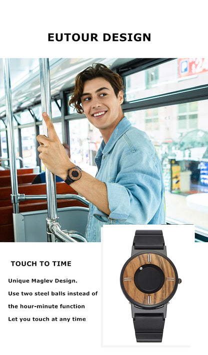 EUTOUR Wooden Magnetic Ball Watch – Natural Wood Face & Steel Beads – detail view