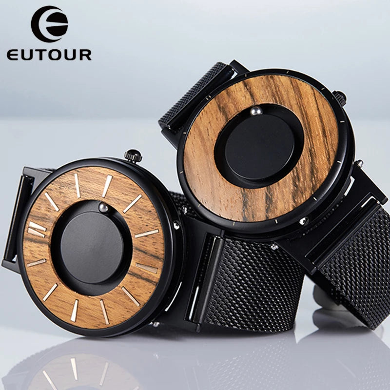 EUTOUR Jam Tangan Pria Quartz Jam Tangan Kayu Magnetik Magnet Ball Drive Pria Dial Kayu Mesh Stainless Steel Kulit Jam Tangan Pria