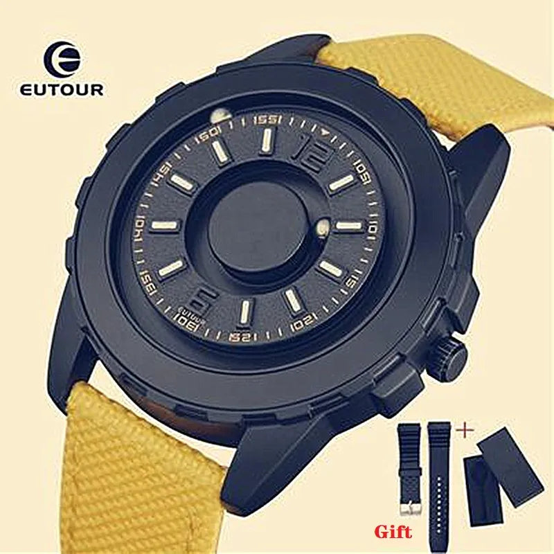 EUTOUR Black Clock Magnetic Ball Pointer Quartz Watch Men Water resistant Wrist Watch Nylon Strap Mens Watches Top Brand Luxury 2019