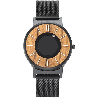 EUTOUR Wooden Magnetic Ball Watch – Natural Wood Face & Steel Beads – detail view
