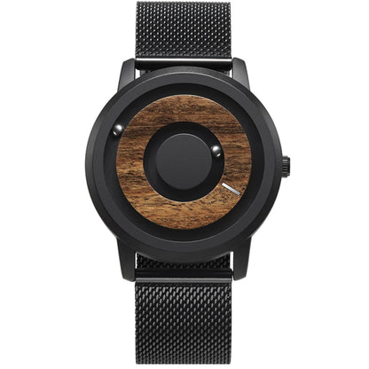 EUTOUR Wooden Magnetic Ball Watch – Natural Wood Face & Steel Beads – detail view