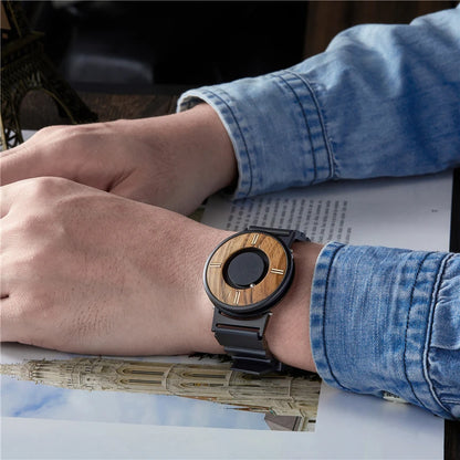 EUTOUR Wooden Magnetic Ball Watch – Natural Wood Face & Steel Beads – detail view
