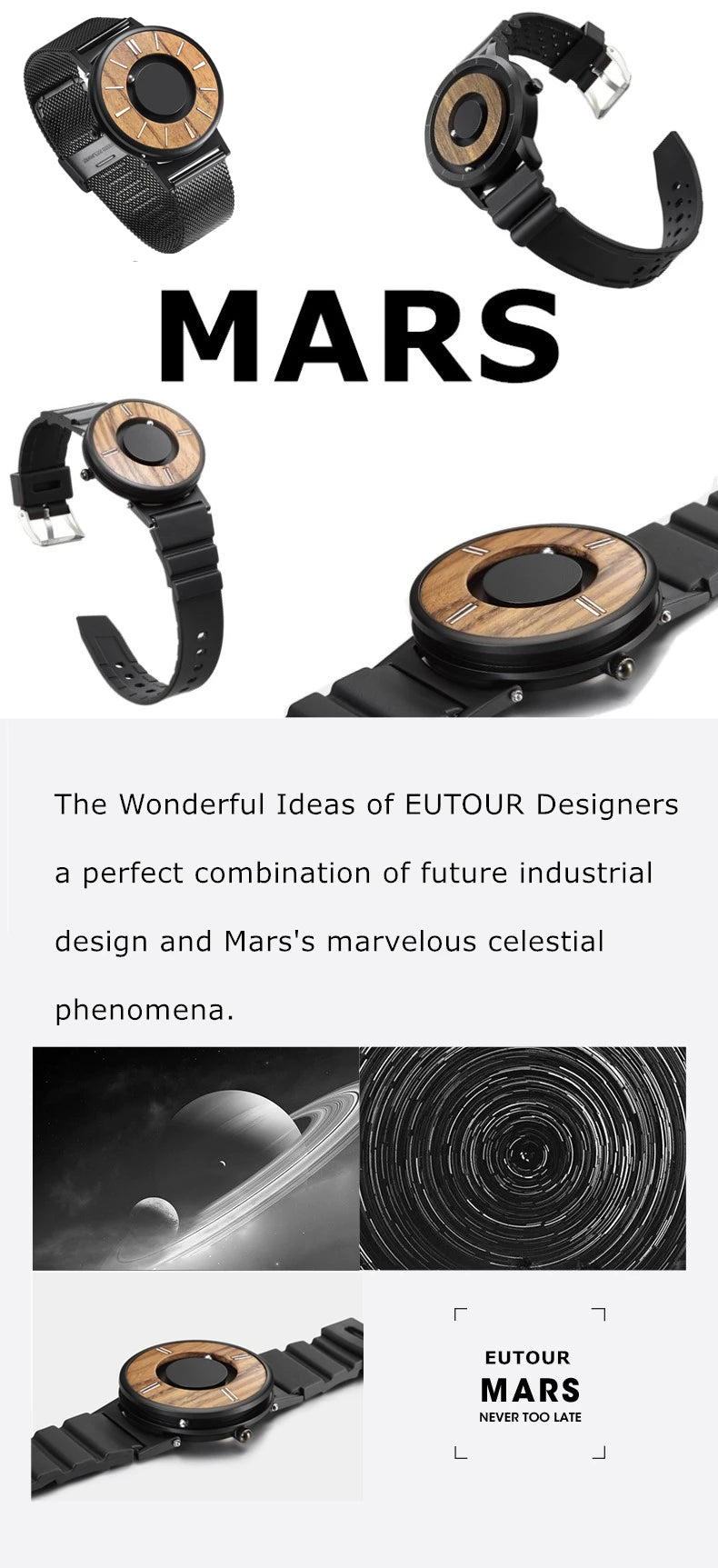 EUTOUR Wood Watch Men Quartz Watches Magnetic Magnet Ball Drive Mens Wooden Dial Mesh Stainless Steel Leather Male Wristwatches