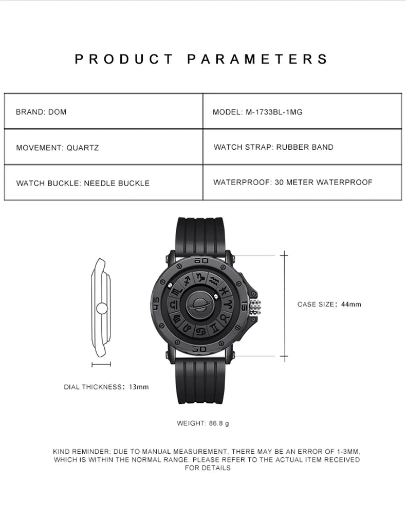 2024 Creative DOM Watch 1733 Magnetic Ball Metal Multinational Ure Mand Constellation urskive Gummi Sportsur Mand Reloj