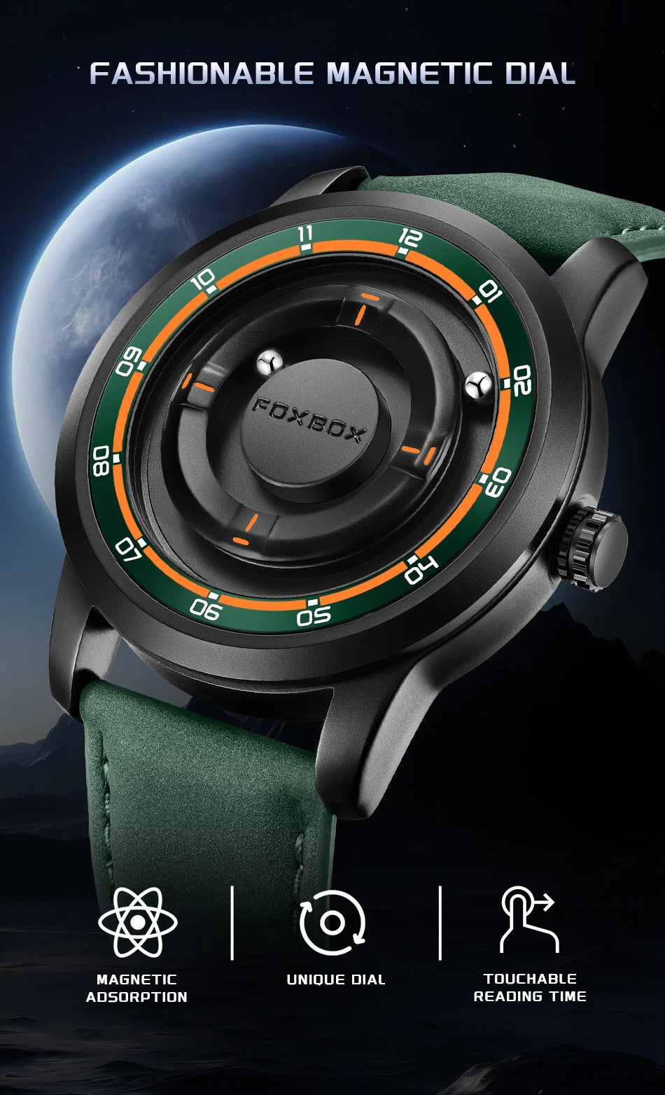 Original FOXBOX Floating Magnetic Ball Mens Watches Belt Quartz Wristwatch Personalized Watch for Man Christmas Gift+Box
