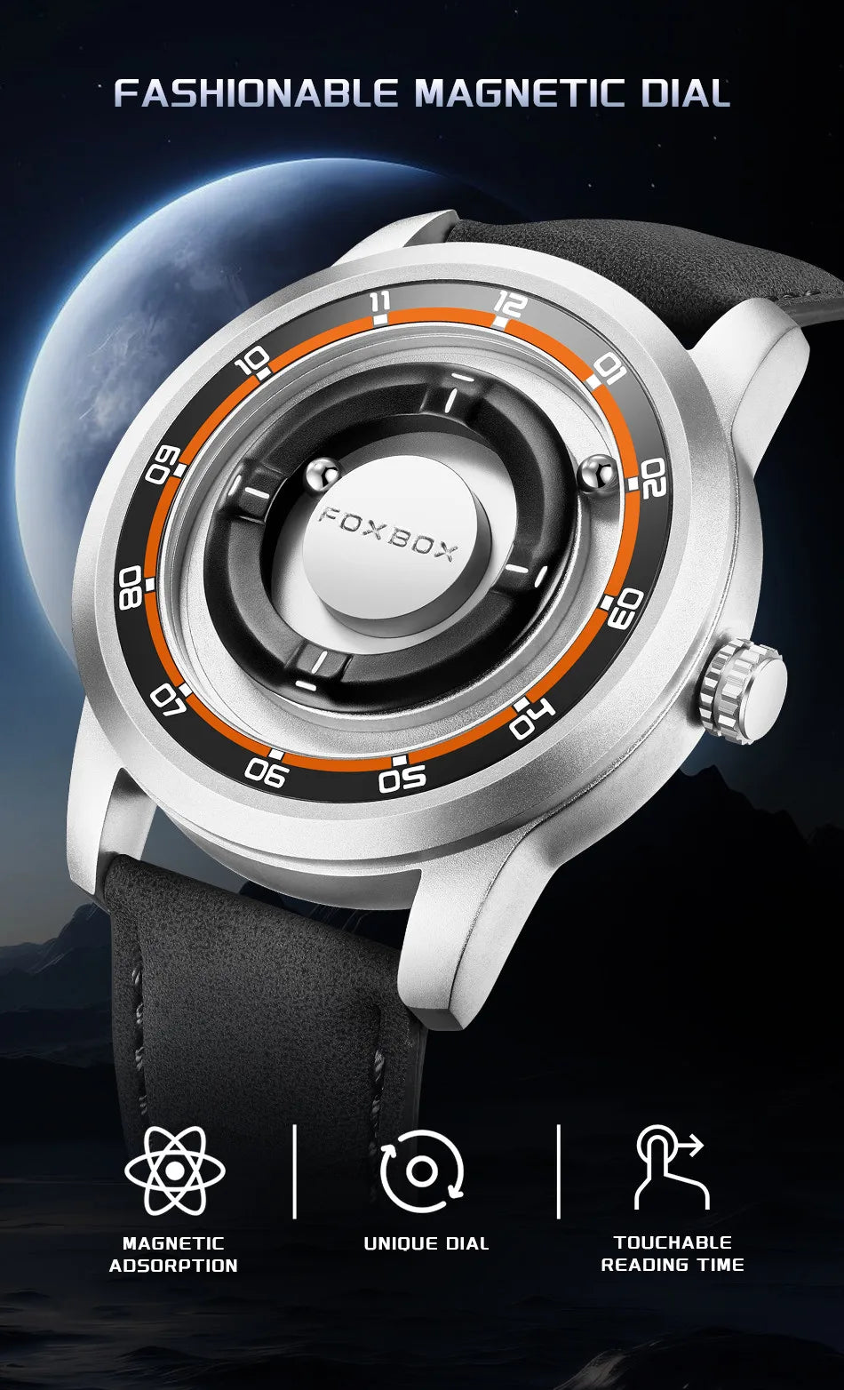 FOXBOX Magnetic Driven Watch – Waterproof Fashion Quartz – detail view