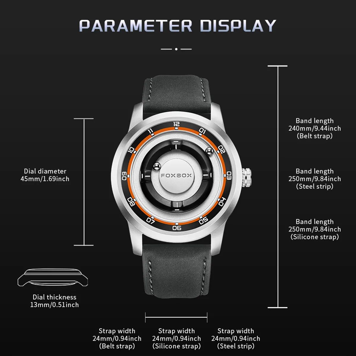 FOXBOX Magnetic Driven Watch – Waterproof Fashion Quartz – detail view