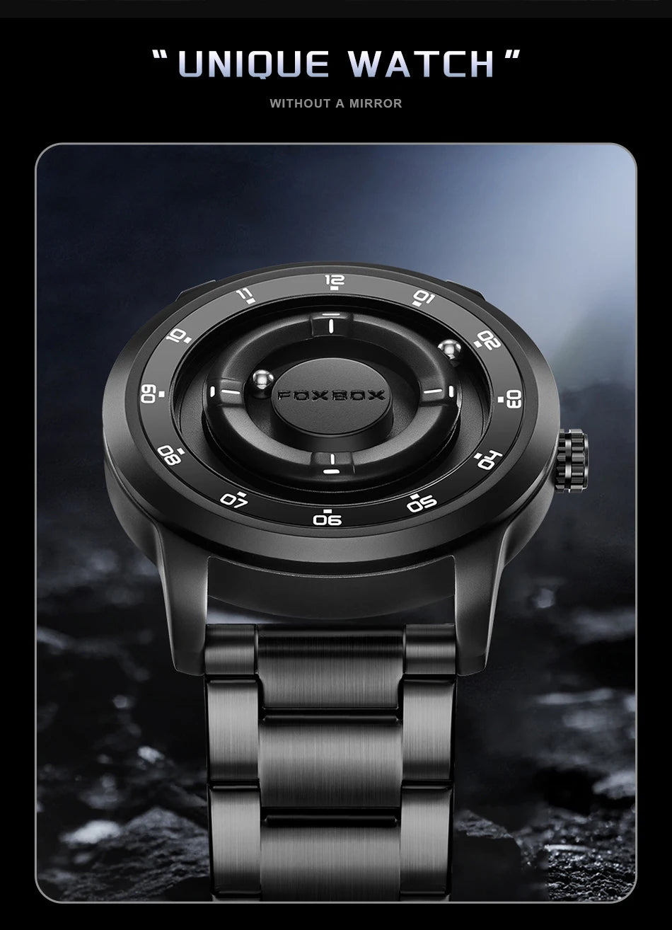 फॉक्सबॉक्स वॉच प्लैनेट डिज़ाइन फैशन फ्लोटिंग मैग्नेटिक पॉइंटर फ्री बॉल बेयरिंग क्रिएटिव सिंपल वाटरप्रूफ क्वार्ट्ज वॉच पुरुषों के लिए