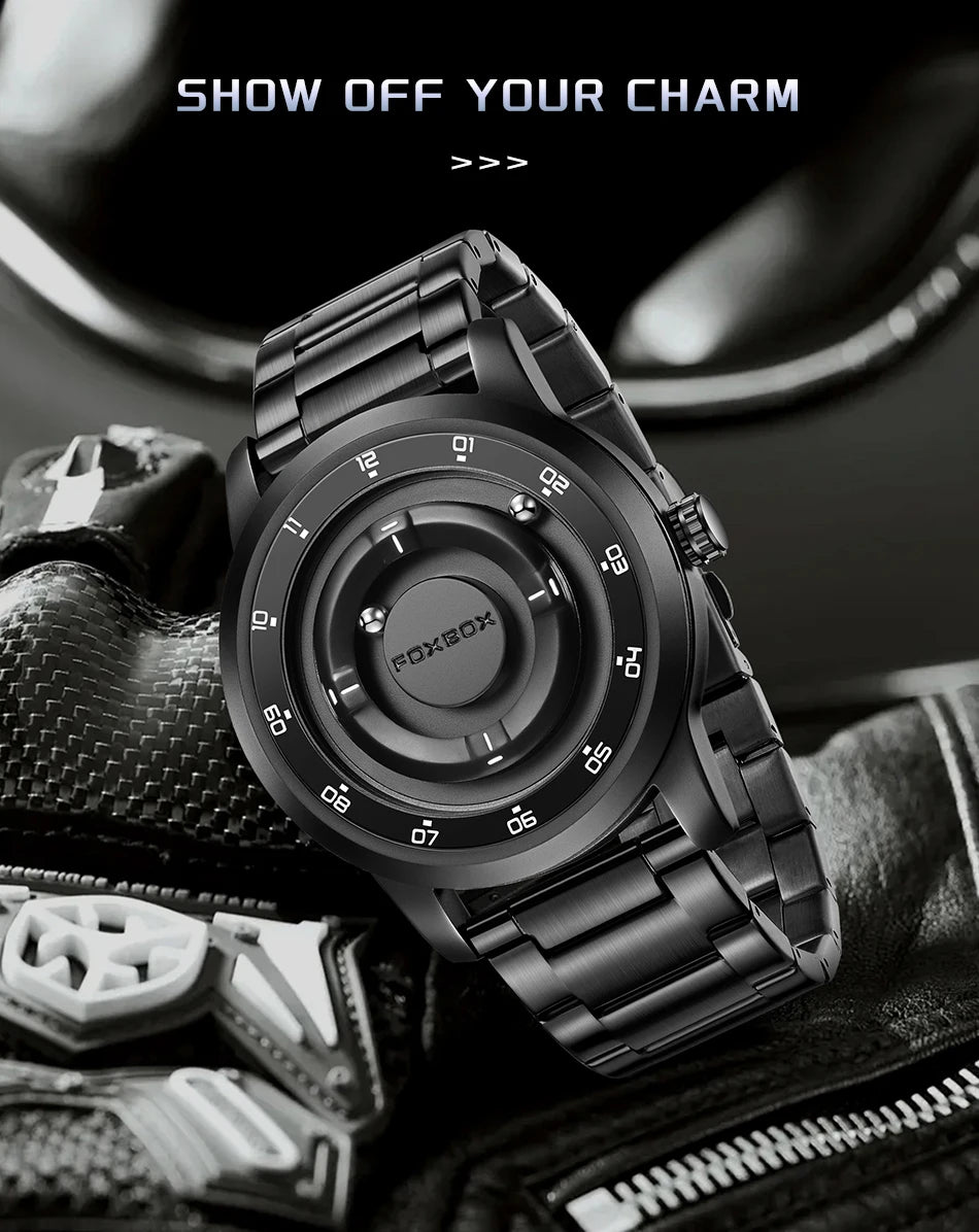 फॉक्सबॉक्स वॉच प्लैनेट डिज़ाइन फैशन फ्लोटिंग मैग्नेटिक पॉइंटर फ्री बॉल बेयरिंग क्रिएटिव सिंपल वाटरप्रूफ क्वार्ट्ज वॉच पुरुषों के लिए