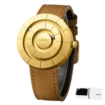 DOM 1753 Magnetic Ball Watch – 3D PVD Black Gold Leather – detail view