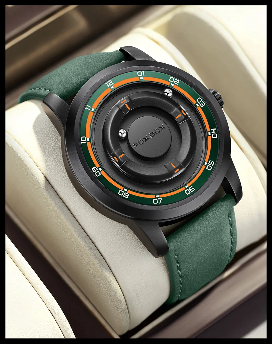 Original FOXBOX Floating Magnetic Ball Mens Watches Belt Quartz Wristwatch Personalized Watch for Man Christmas Gift+Box