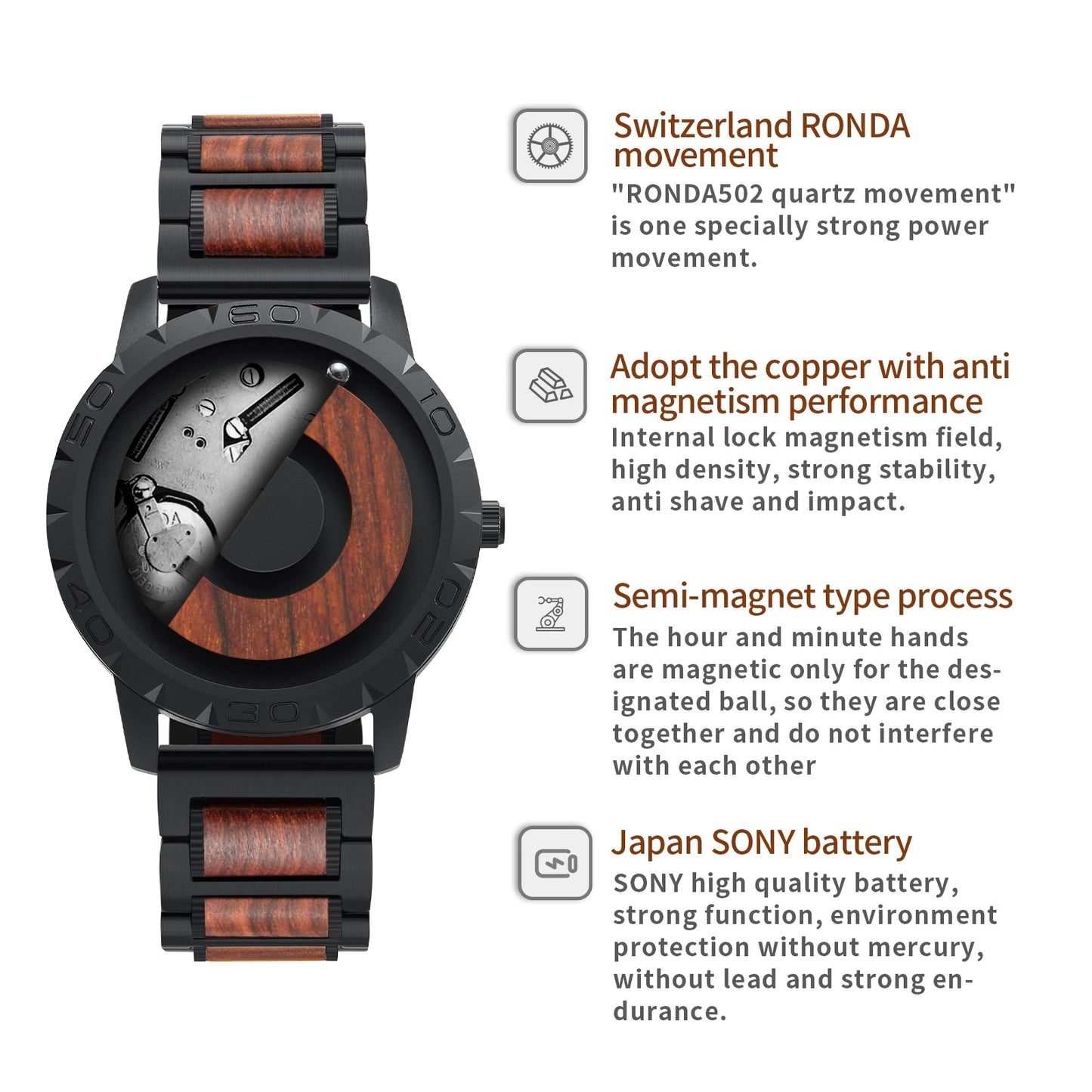 Eutour-men's solid wood magnetic watch, luxury sport quartz, waterproof watch, original fashion