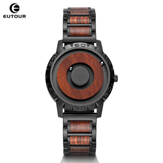 EUTOUR-Men's Solid Wood Magnetic Watch, Luxury Sport Quartz, Waterproof Watch, Original Fashion