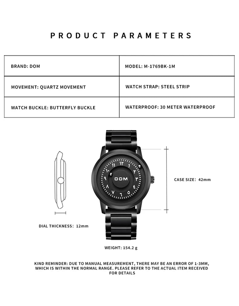 DOM 1769 Herenhorloge Creatief Zilver Roestvrij Staal Scrollende Kralen Quartz Horloges voor Heren Mannelijke Magnetische Kracht Leven Waterdicht