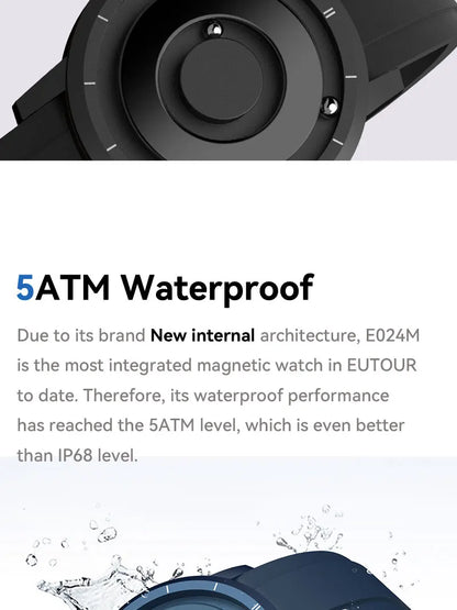 EUTOUR E024 Magnetic Ball Watch – 5 ATM Waterproof – detail view