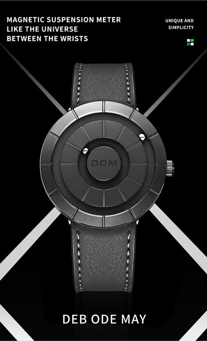 DOM 1753 Magnetic Ball Watch – 3D PVD Black Gold Leather – detail view