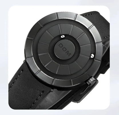 DOM 1753 Magnetic Ball Watch – 3D PVD Black Gold Leather – detail view