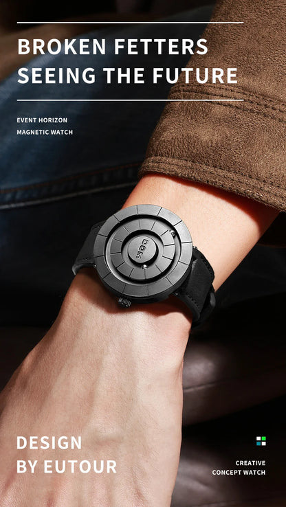 DOM 1753 Magnetic Ball Watch – 3D PVD Black Gold Leather – detail view