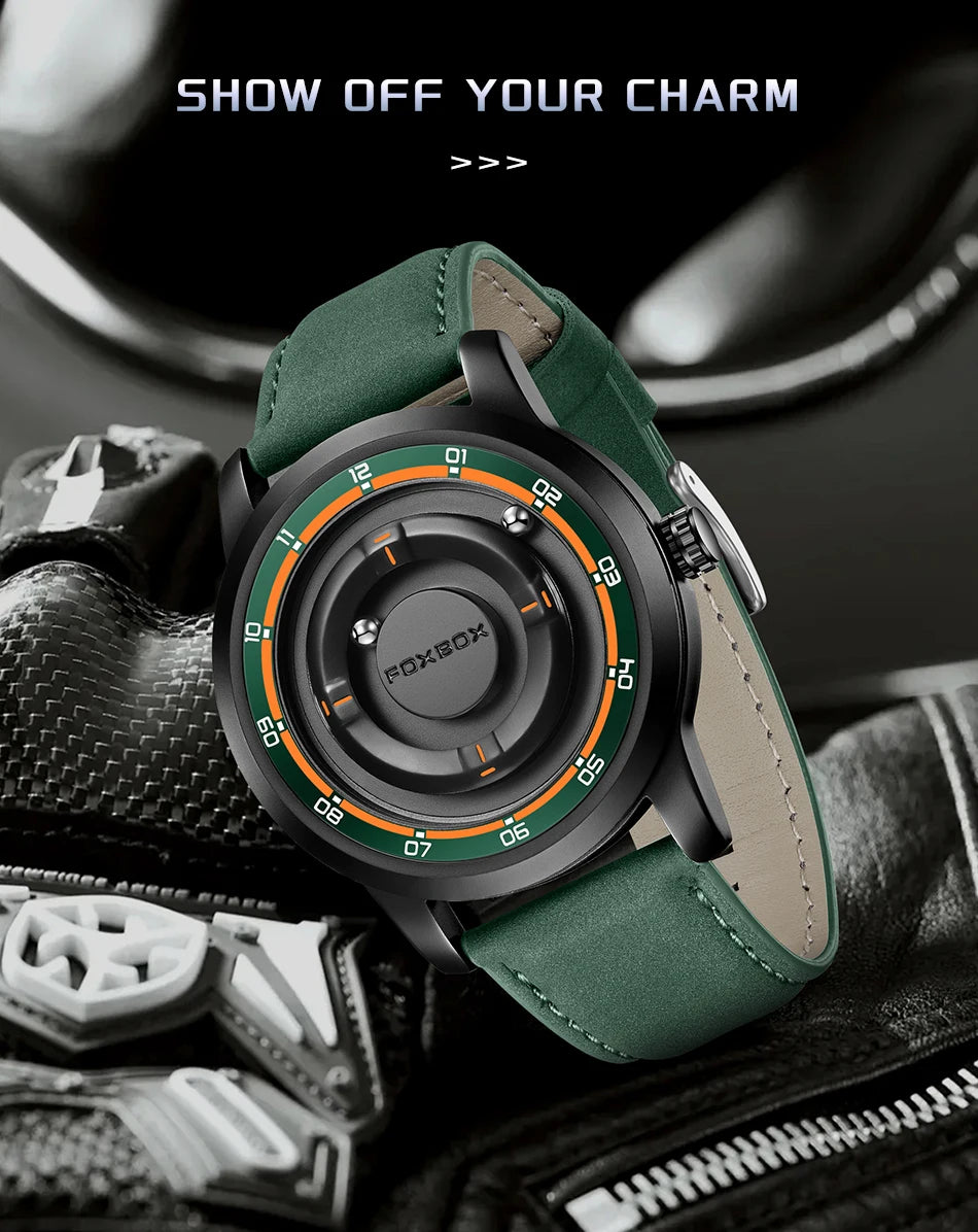 Original FOXBOX Floating Magnetic Ball Mens Watches Belt Quartz Wristwatch Personalized Watch for Man Christmas Gift+Box