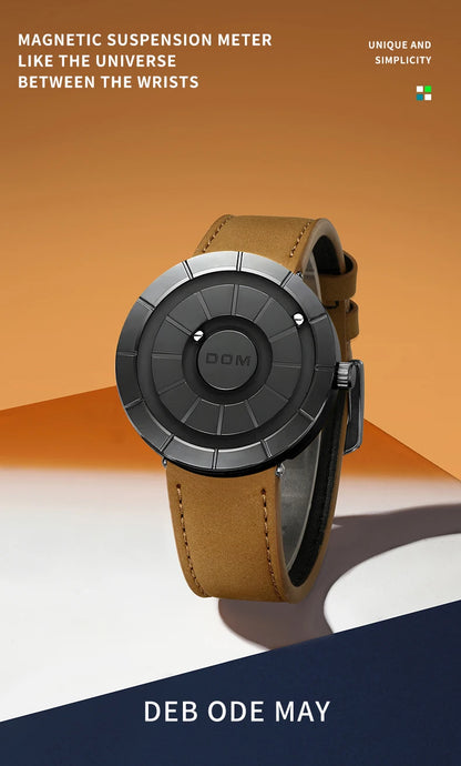DOM 1753 Magnetic Ball Watch – 3D PVD Black Gold Leather – detail view