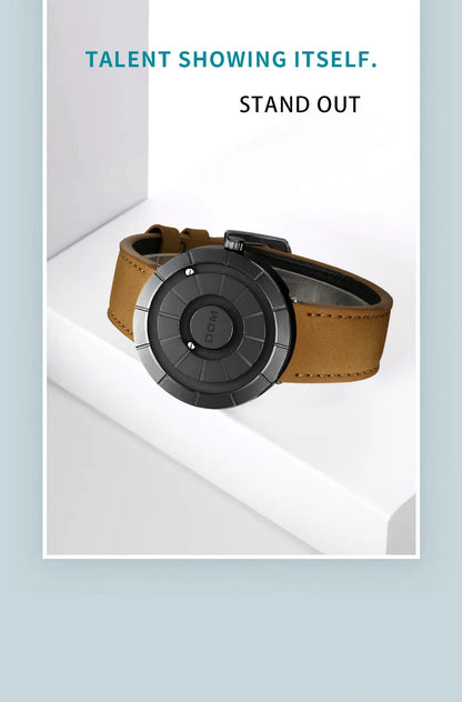 DOM 1753 Magnetic Ball Watch – 3D PVD Black Gold Leather – detail view