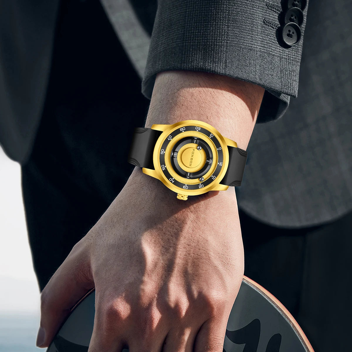 FOXBOX Magnetic Ball Watch – Business Style Steel Dial – detail view