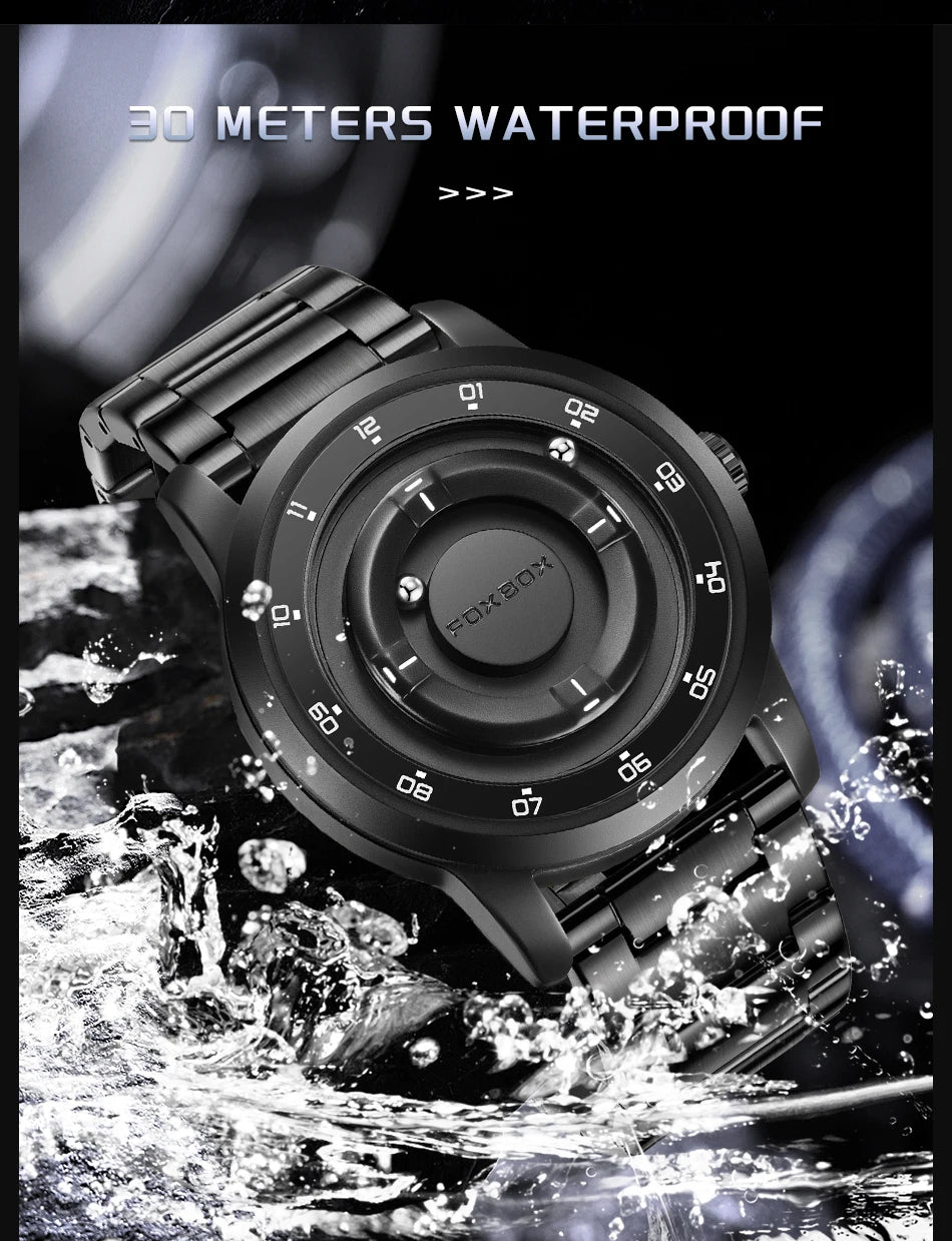 फॉक्सबॉक्स वॉच प्लैनेट डिज़ाइन फैशन फ्लोटिंग मैग्नेटिक पॉइंटर फ्री बॉल बेयरिंग क्रिएटिव सिंपल वाटरप्रूफ क्वार्ट्ज वॉच पुरुषों के लिए