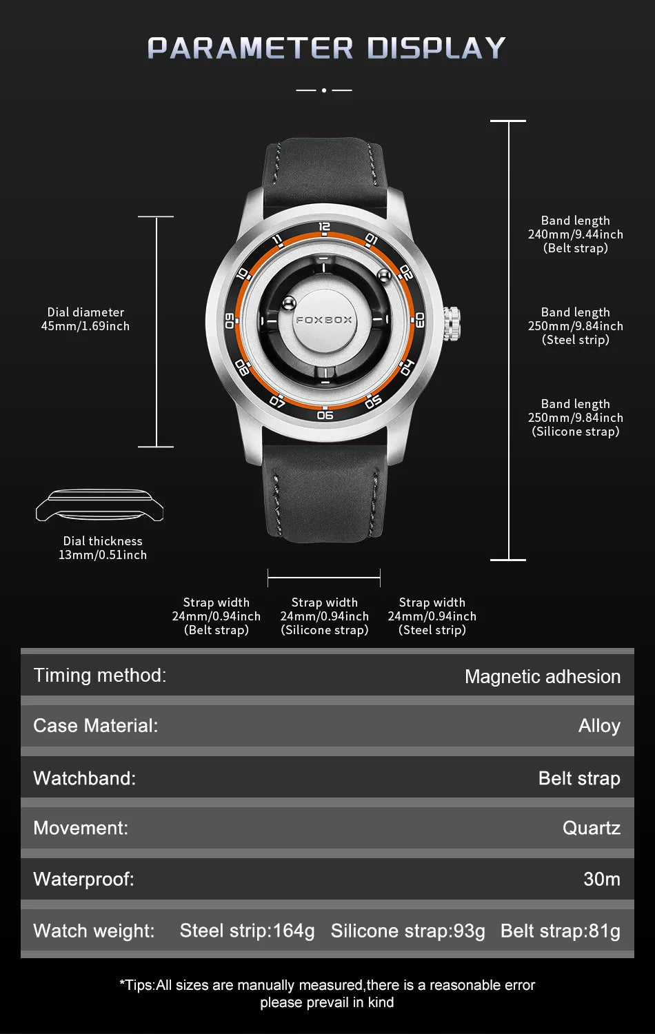 FOXBOX Magnetic Driven Watch – Waterproof Fashion Quartz – detail view