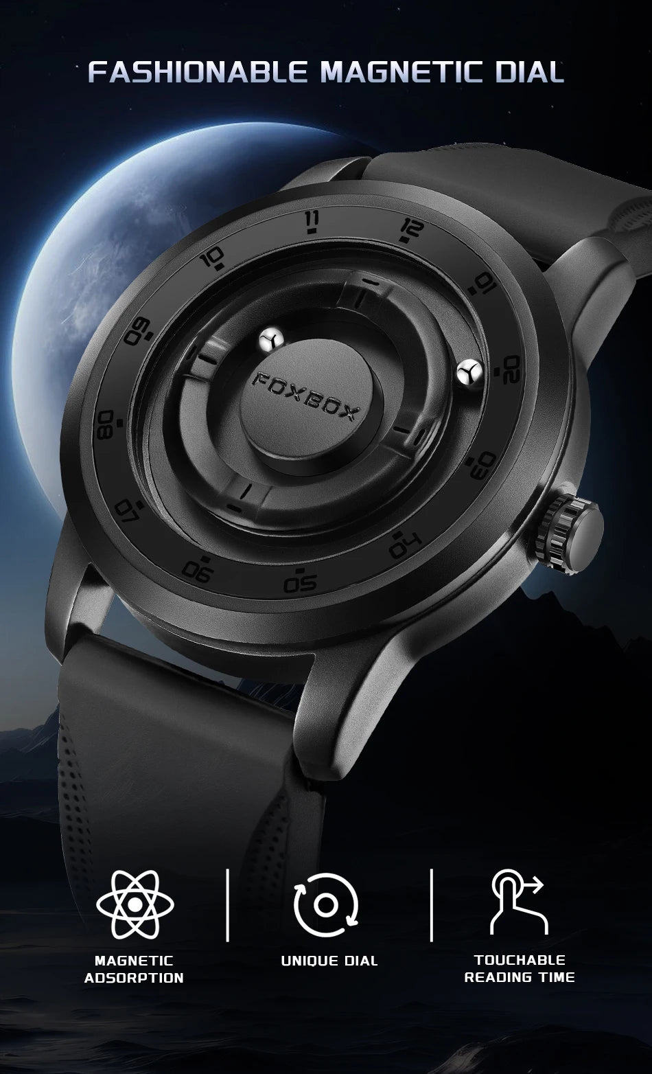 FOXBOX Magnetic Ball Watch – Business Style Steel Dial – detail view