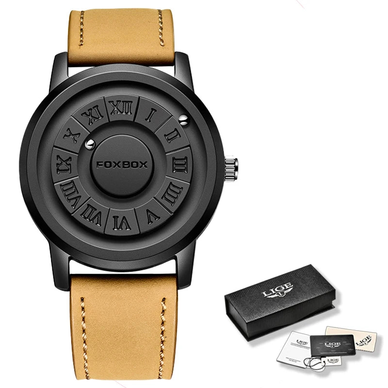 FOXBOX Fashion Man Quartz Watches Leather Strap TOP Band Scrolling Bea Magnetic Ball Watches