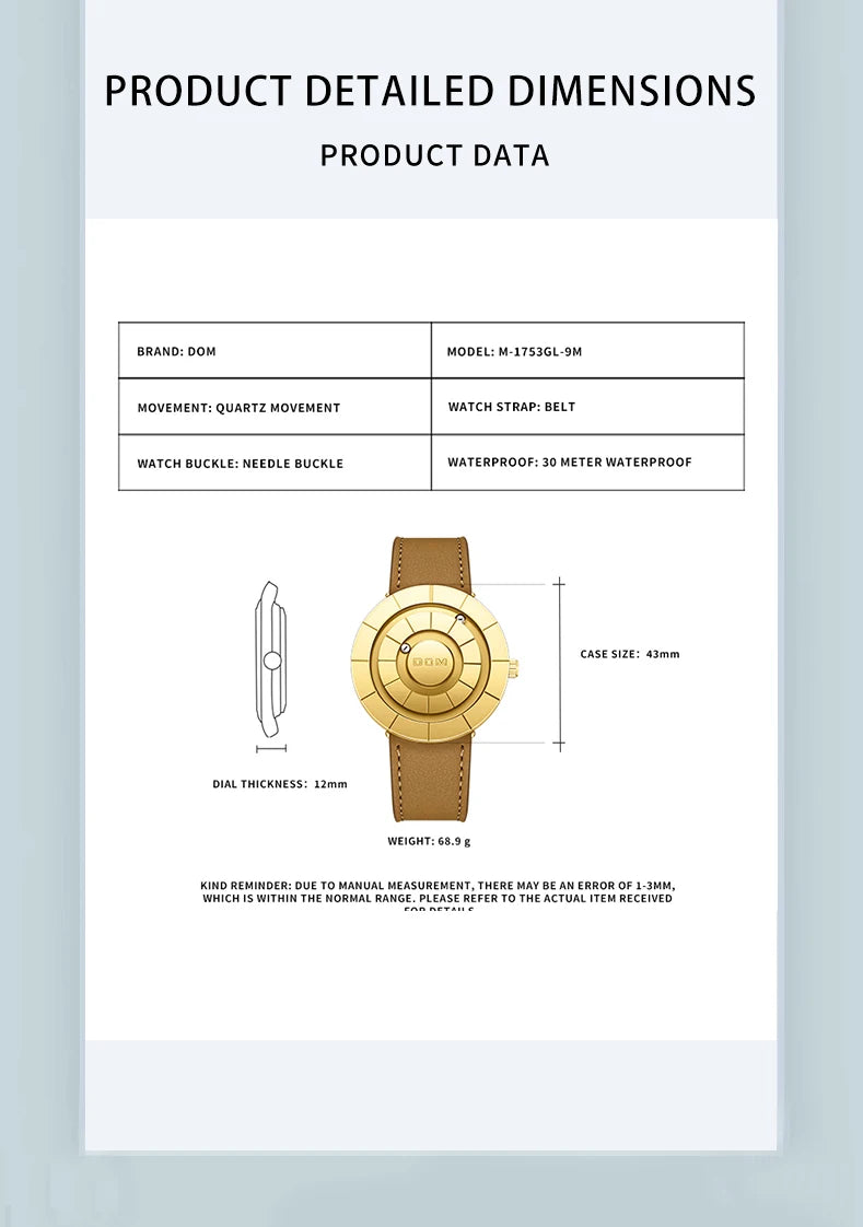 DOM 1753 क्रिएटिव डिज़ाइन घड़ियाँ पुरुषों के लिए चुंबकीय घड़ियाँ 3D PVD क्वार्ट्ज़ घड़ी वाटरप्रूफ घड़ियाँ चमड़े का पट्टा काला सोना डायल