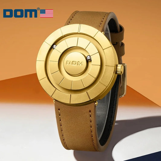 DOM 1753 Creatief ontwerp Horloges Heren Magnetische horloges 3D PVD Quartz horloge Waterdichte horloges Leren band Zwarte gouden wijzerplaat