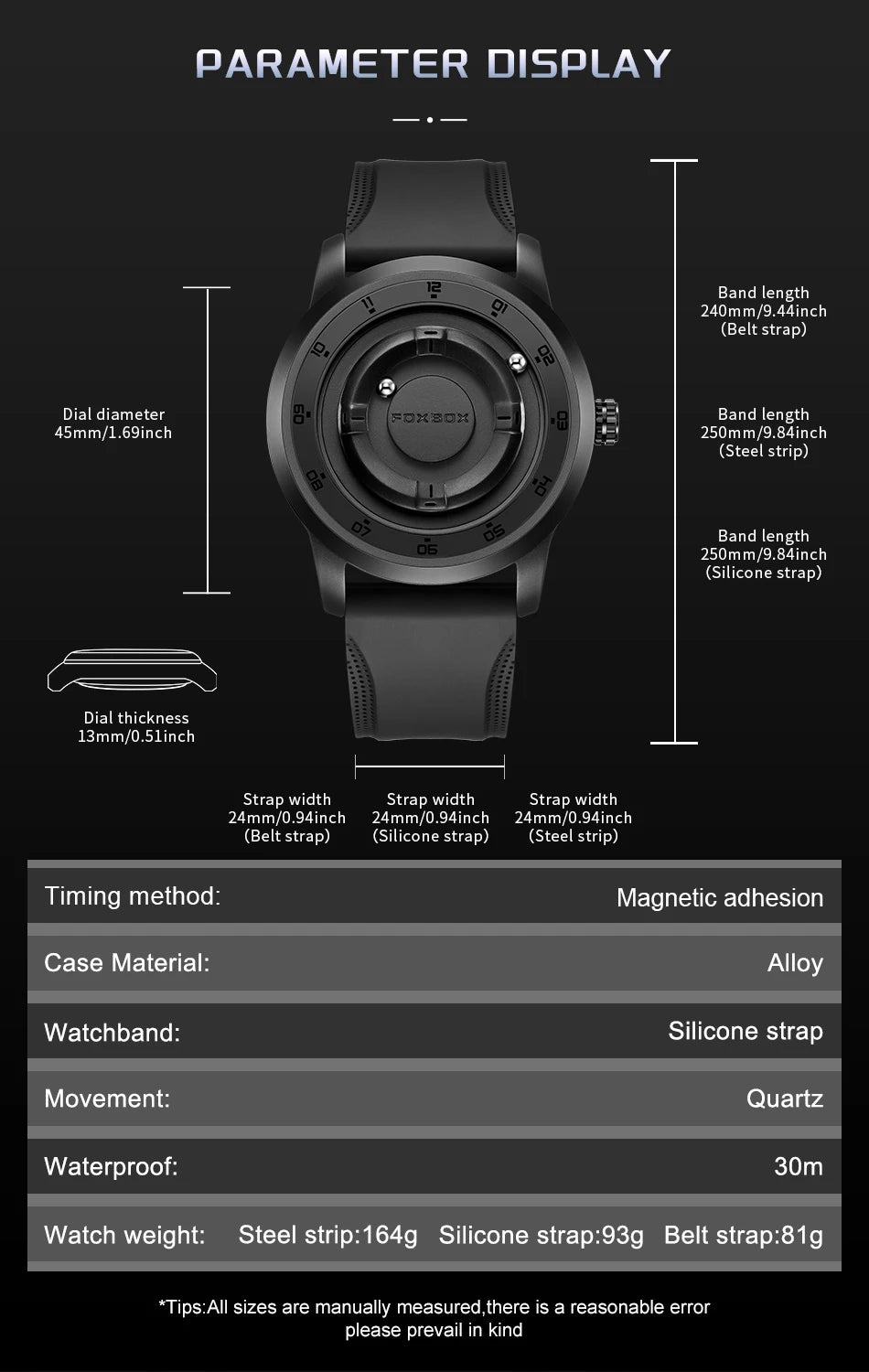 FOXBOX Magnetic Ball Watch – Business Style Steel Dial – detail view