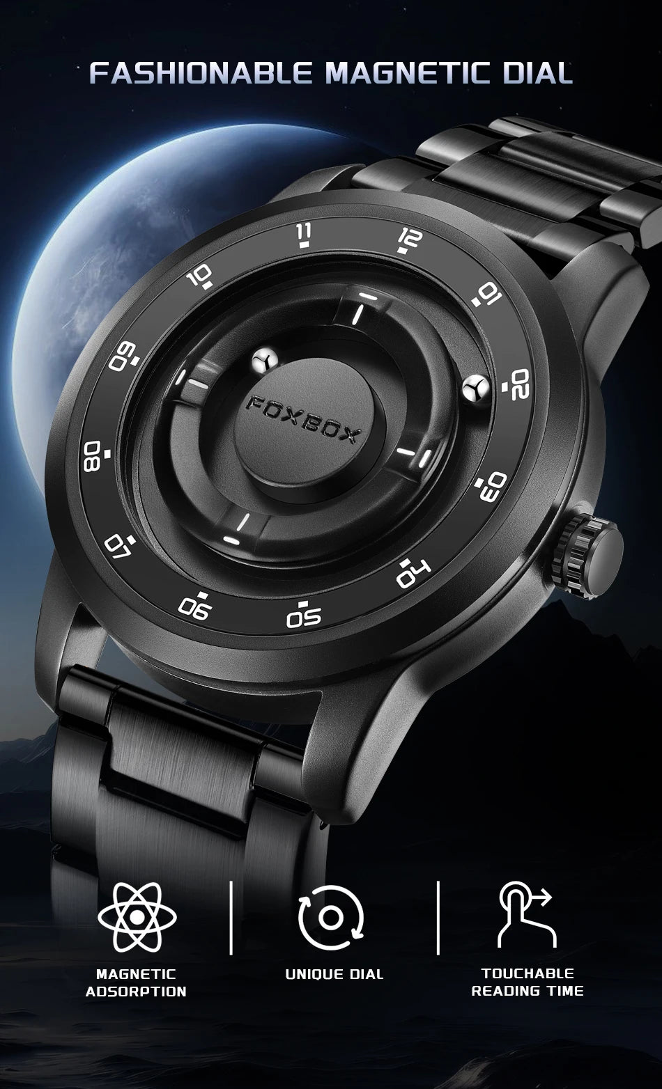 फॉक्सबॉक्स वॉच प्लैनेट डिज़ाइन फैशन फ्लोटिंग मैग्नेटिक पॉइंटर फ्री बॉल बेयरिंग क्रिएटिव सिंपल वाटरप्रूफ क्वार्ट्ज वॉच पुरुषों के लिए