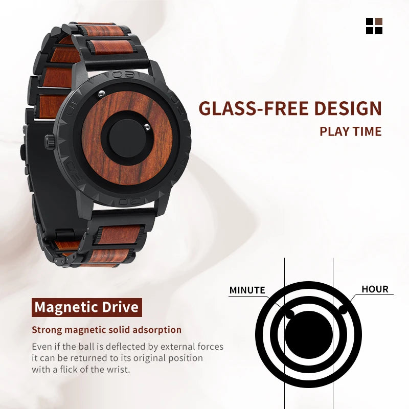 Eutour-men's solid wood magnetic watch, luxury sport quartz, waterproof watch, original fashion