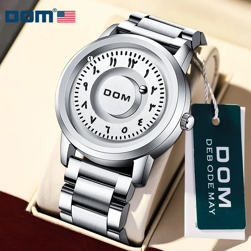 DOM 1769 Man Watch Creative Silver Stainless Steel Scrolling Beads Quartz Watches for Men Male Magnetic Force Life Waterproof