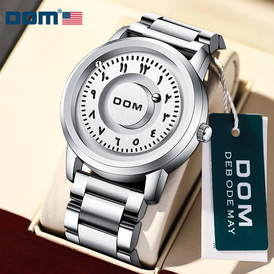 DOM 1769 Man Watch Creative Silver Stainless Steel Scrolling Beads Quartz Watches for Men Male Magnetic Force Life Waterproof