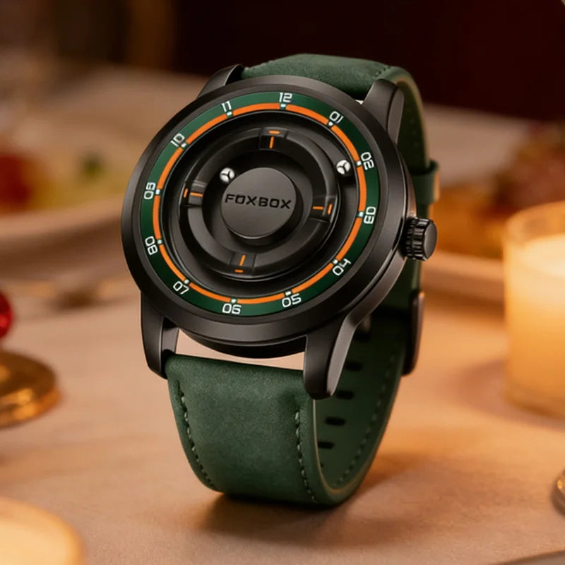 Original FOXBOX Floating Magnetic Ball Mens Watches Belt Quartz Wristwatch Personalized Watch for Man Christmas Gift+Box