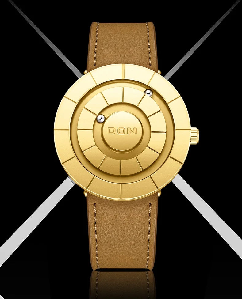 DOM 1753 Creatief ontwerp Horloges Heren Magnetische horloges 3D PVD Quartz horloge Waterdichte horloges Leren band Zwarte gouden wijzerplaat